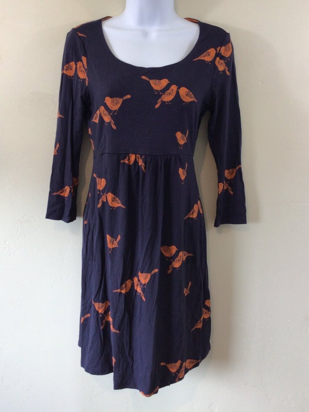 Boden Navy Blue Bird Print 3/4 Sleeve Midi Dress